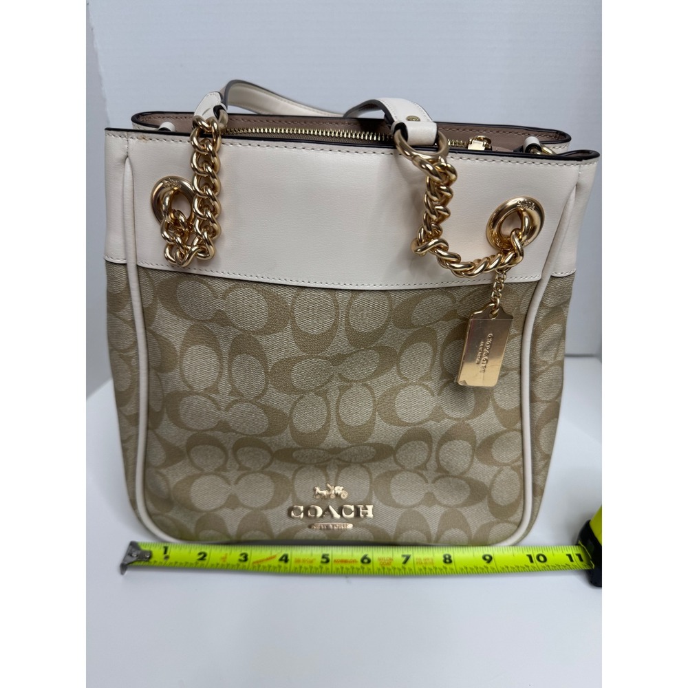 Coach C8152 Signature Canvas Mollie Tote 25 Khaki Chalk‎ Gold Chain Shoulder Bag - Picture 15 of 16